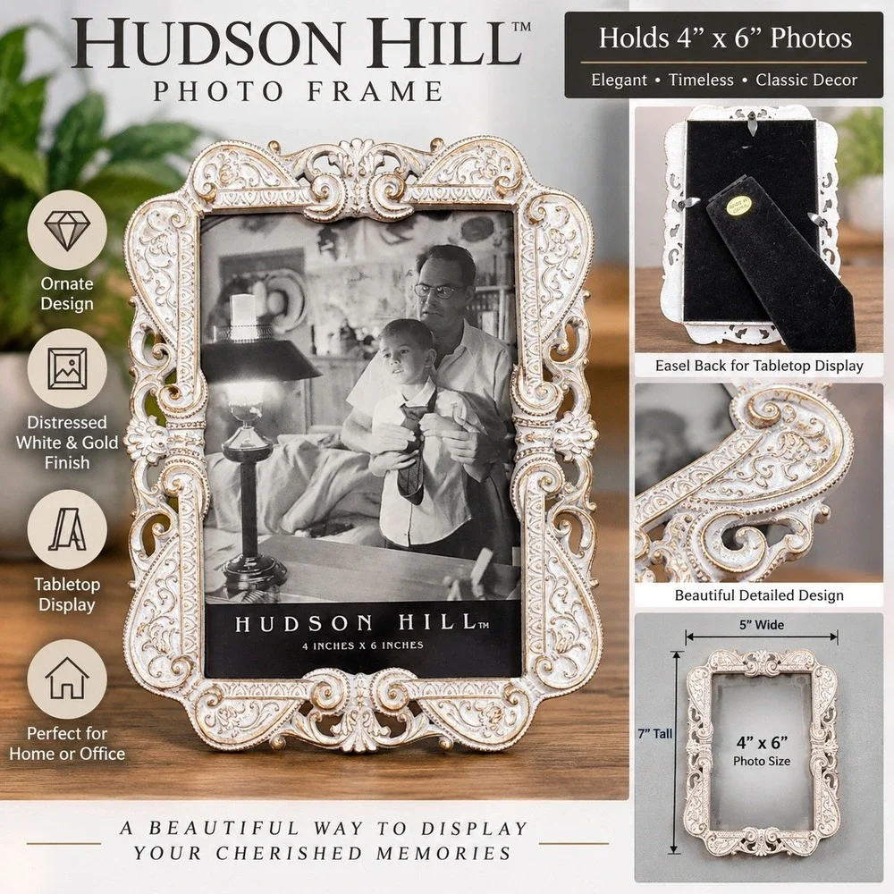 Hudson Hill Photo Frame 4x6 Ornate Distressed White Gold Tabletop Decor